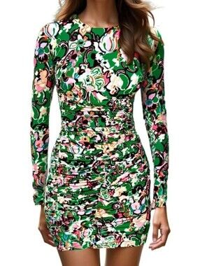 A.L.C. Green Floral Ruched Long-Sleeve Dress with Pink and Cream Accents